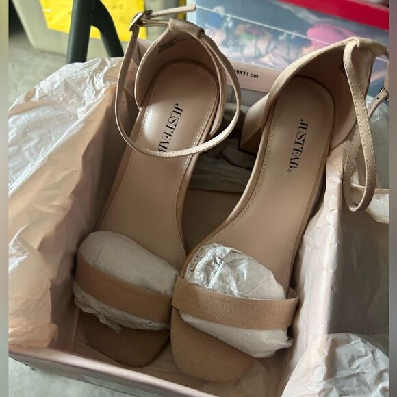 NIB JustFab Tan Heels with Suede Finish and Ankle Strap - Picture 3 of 14